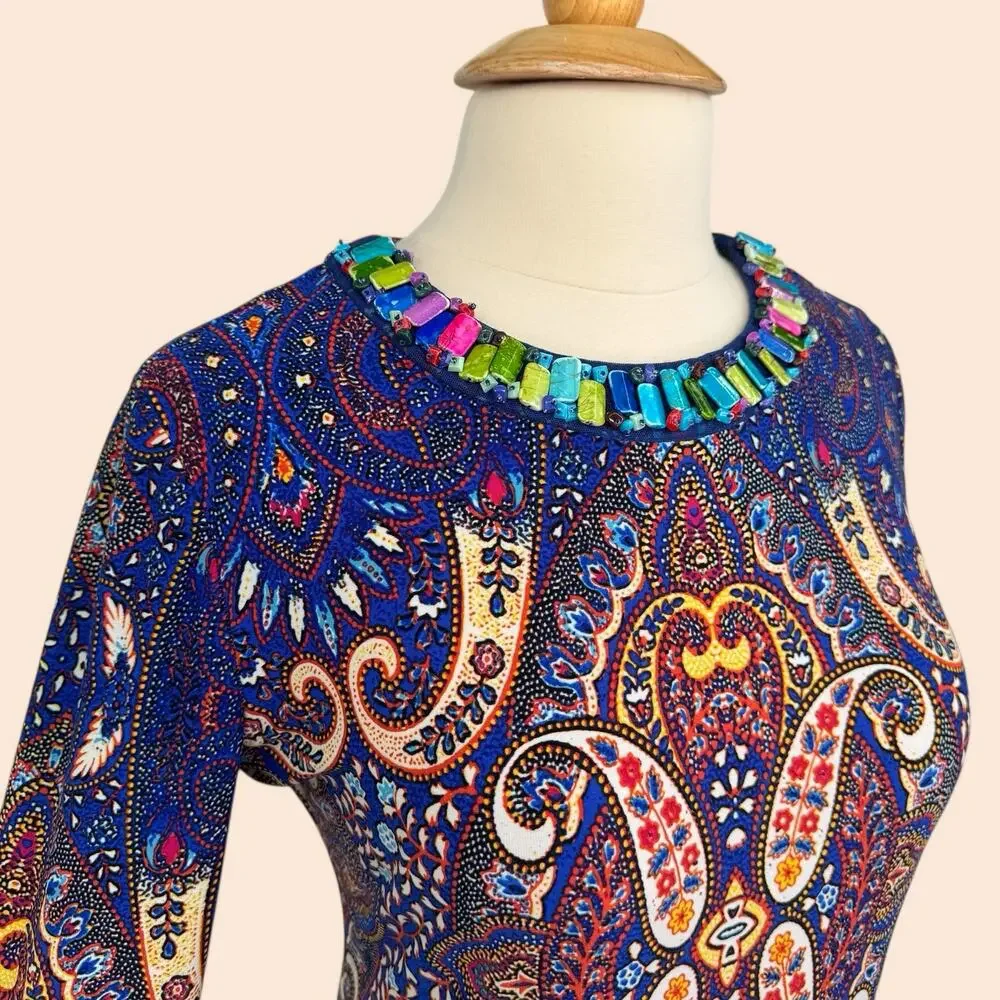 Boho Paisley Beaded Neck Cocktail Sheath Dress Teal Multi Size 10